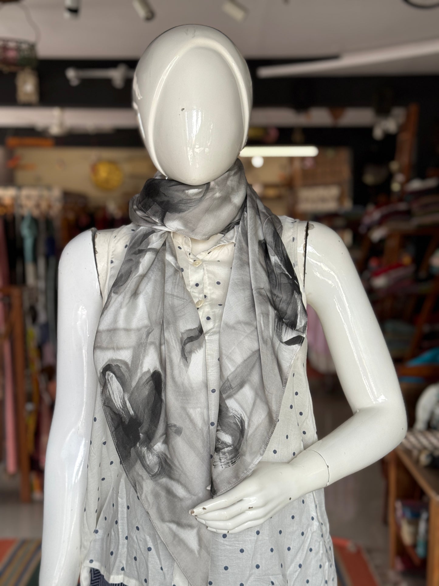White and grey handpainted modal satin scarf