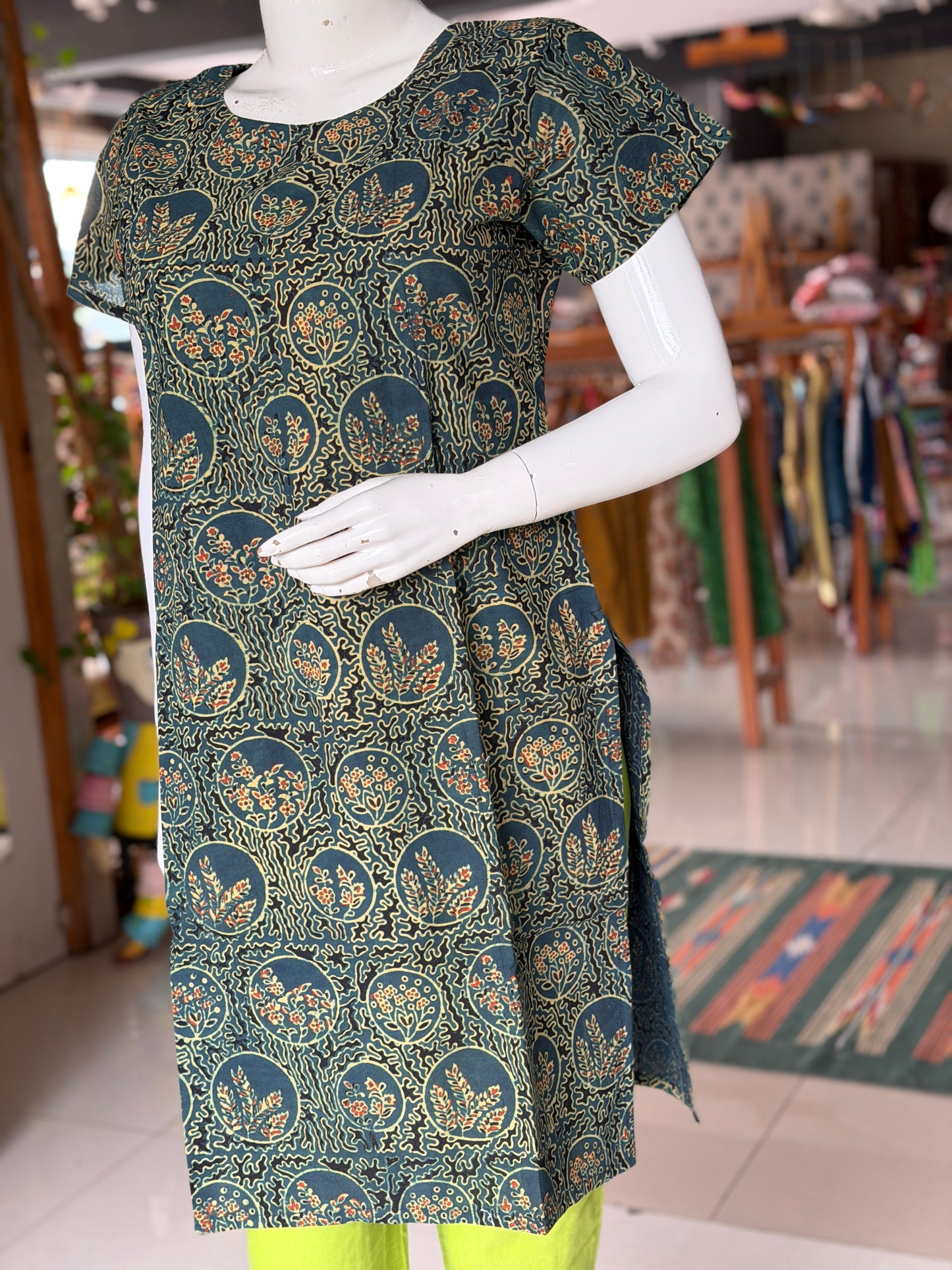 Dark green Ajrakh hand block printed cotton straight kurti