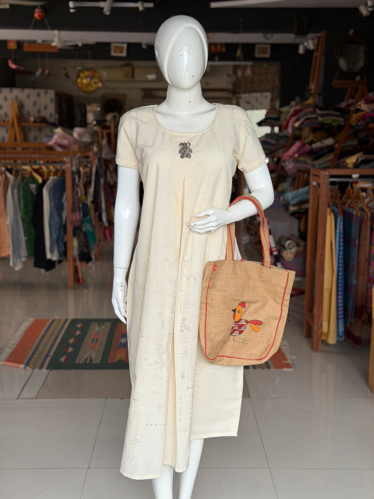 Off white Tangaliya front box pleated handwoven kala cotton x fine cotton a-line kurti / dress