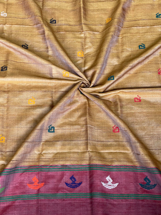 Golden yellow and red hand woven pure tussar silk dupatta with diya motifs