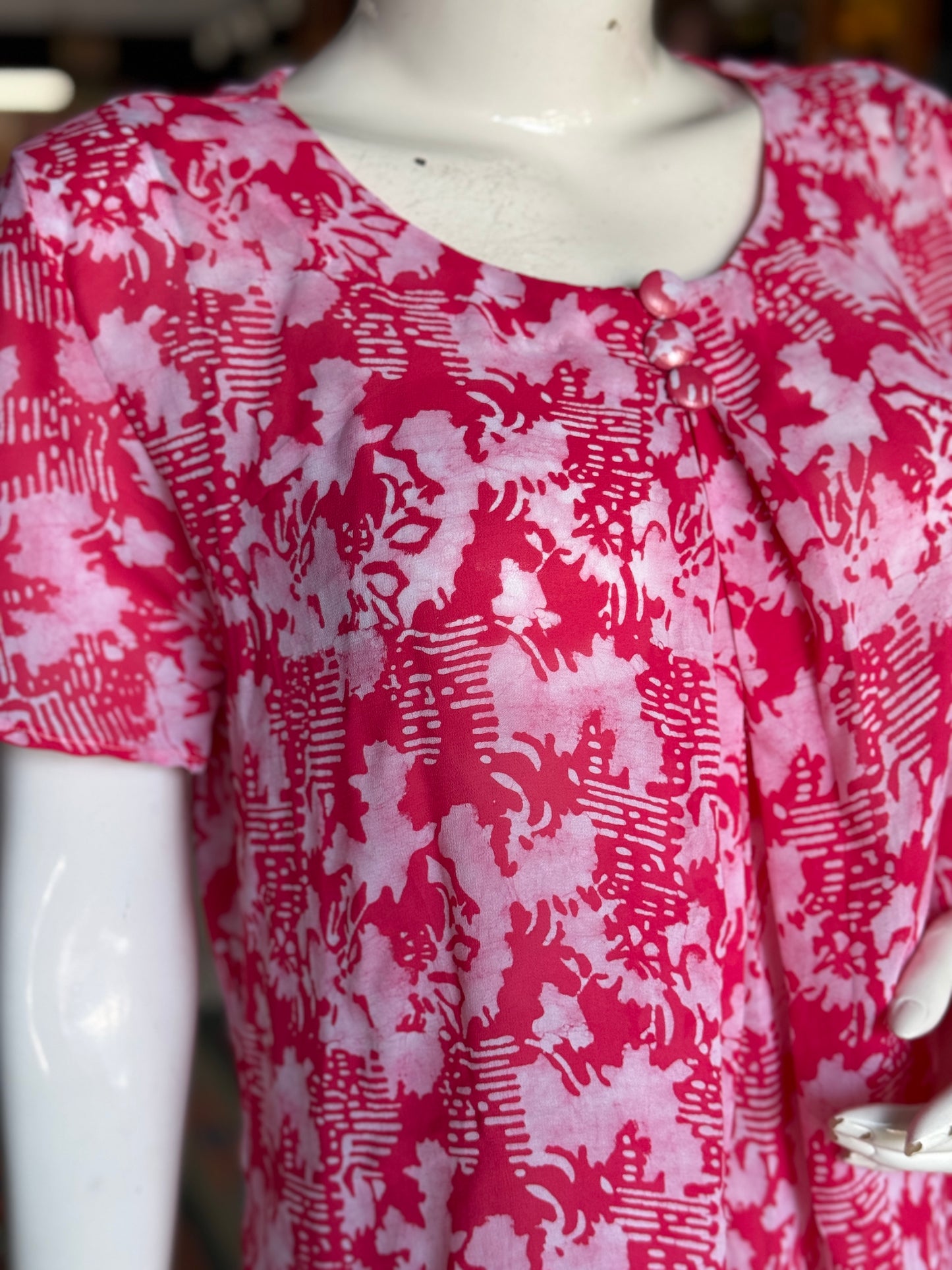 Pink hand batik georgette top with pleats at neckline
