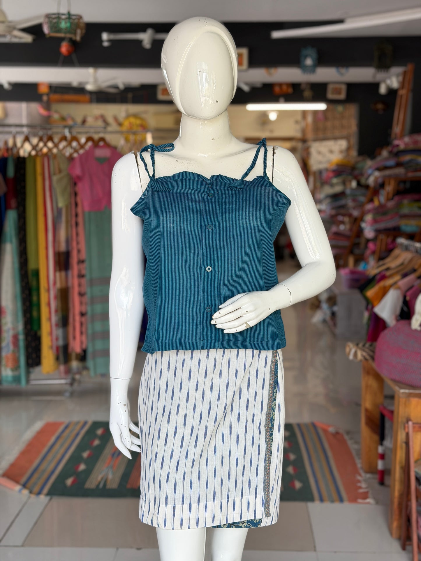 Turquoise n blue stripes cotton noodle straps top