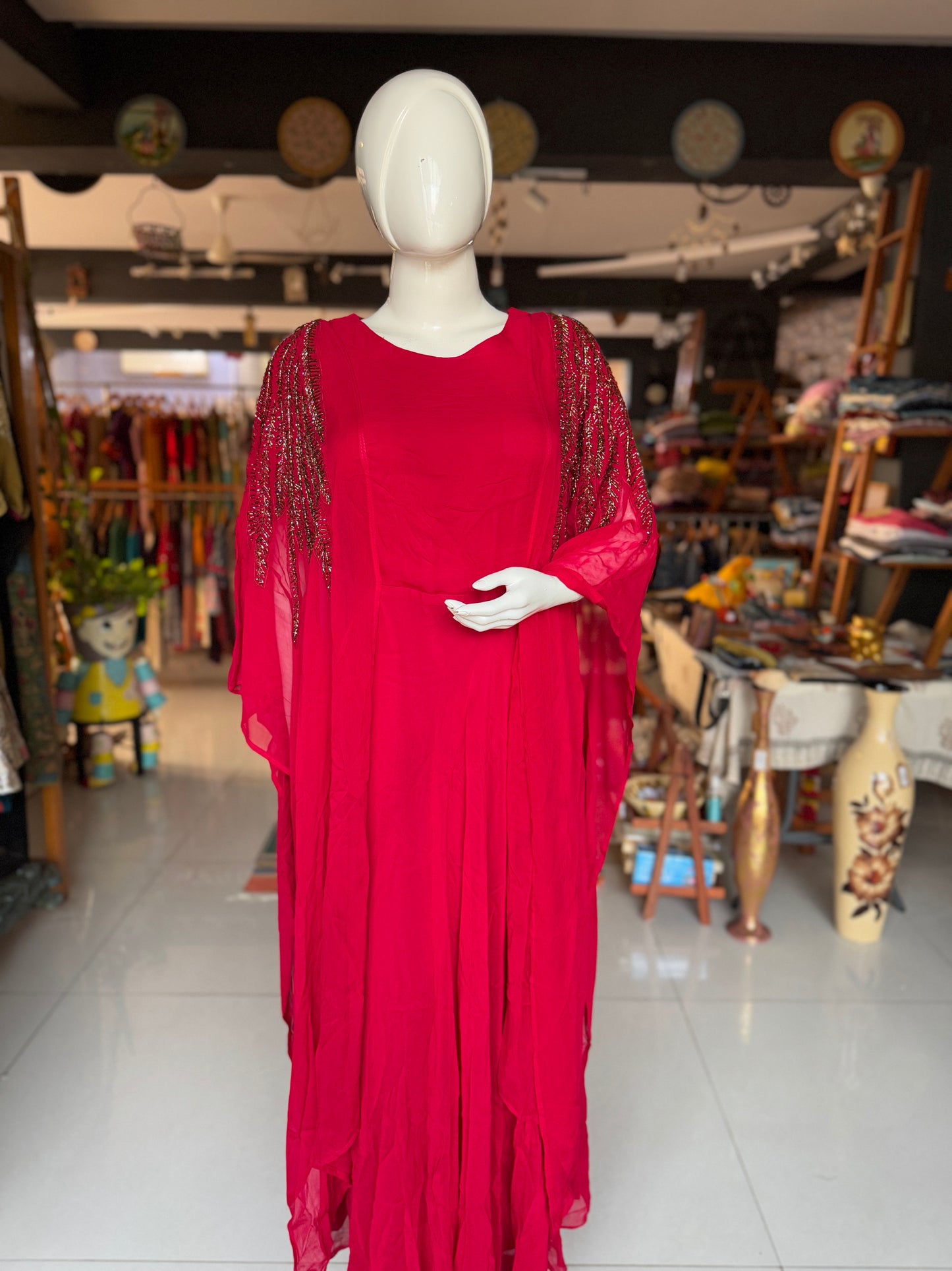 Red embroidered Georgette long dress with fancy sleeves - party outfit