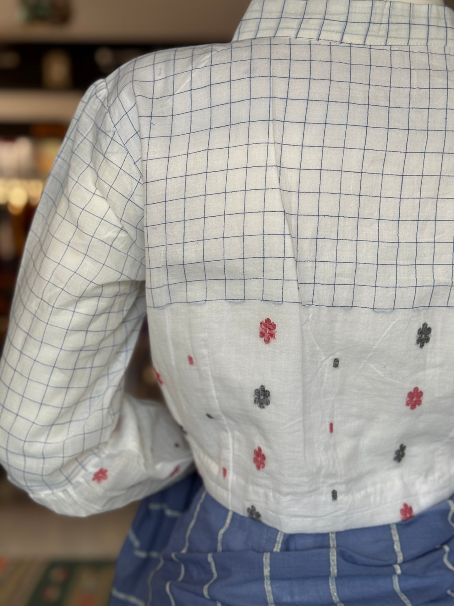 White n blue checks hand woven cotton Jamdani blouse with long balloon sleeves and bow neck