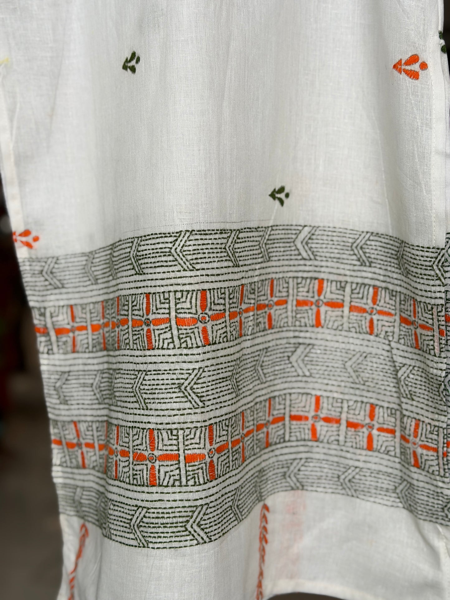 White cotton straight cut Kurti for girls with orange and green Kantha hand embroidery