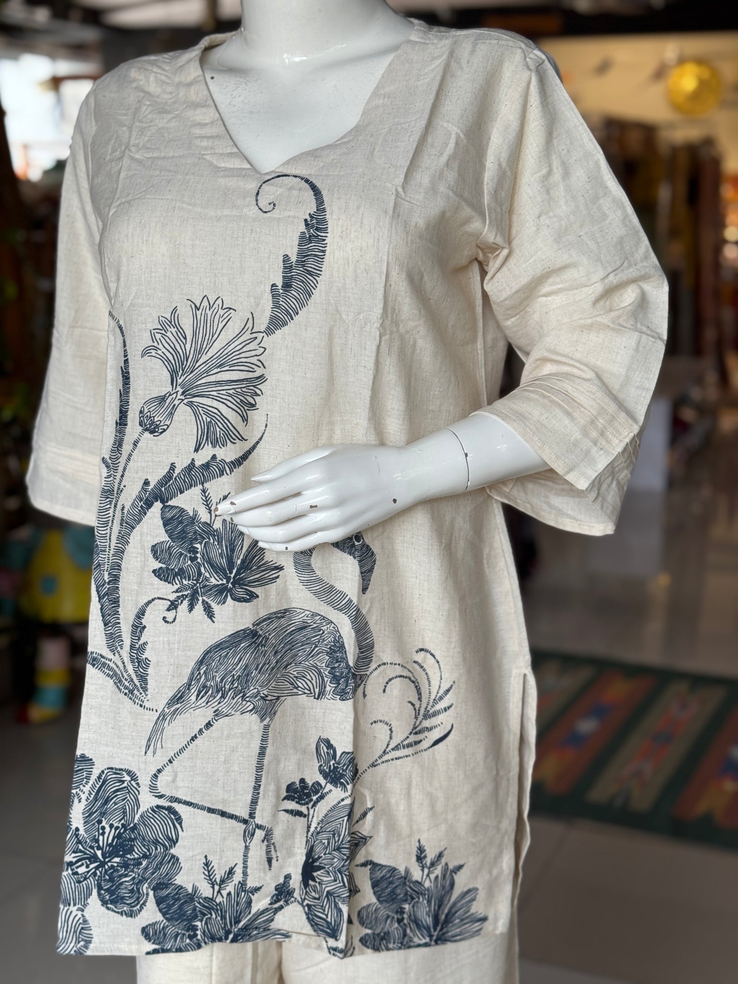 Off white v-neck cotton top with long sleeves and pants - coord set - click to see designs and sizes