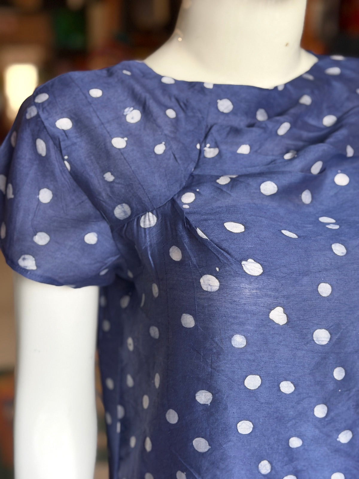 Blue polka hand batik printed top