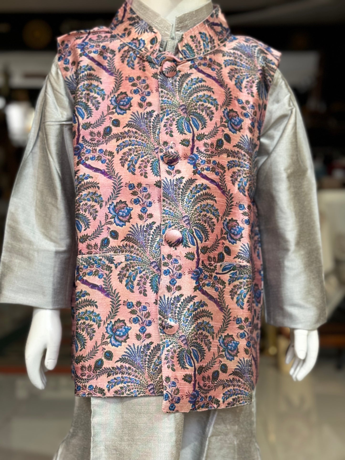 Silver long kurta, chudidhar pants and pink trees print Nehru jacket - 3 piece ethnic set for boys