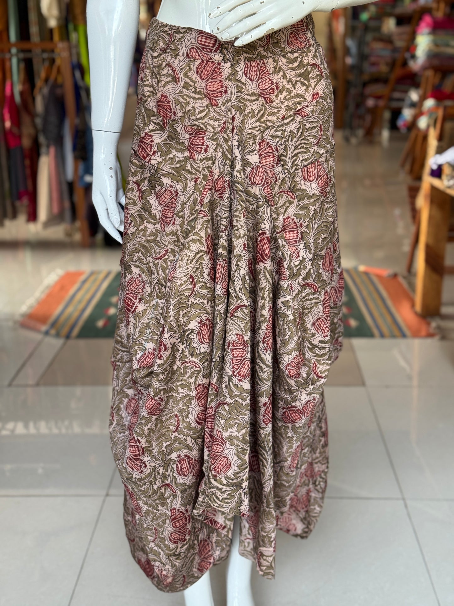 Olive green Kalamkari hand block printed cotton satin designer cowl skirt - with pockets