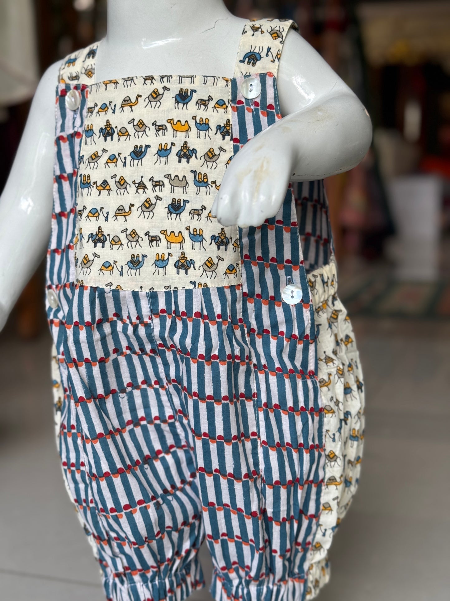 Rompers for babies - hand block printed upcycled soft cotton fabric scrap based unisex outfit for boys and girls