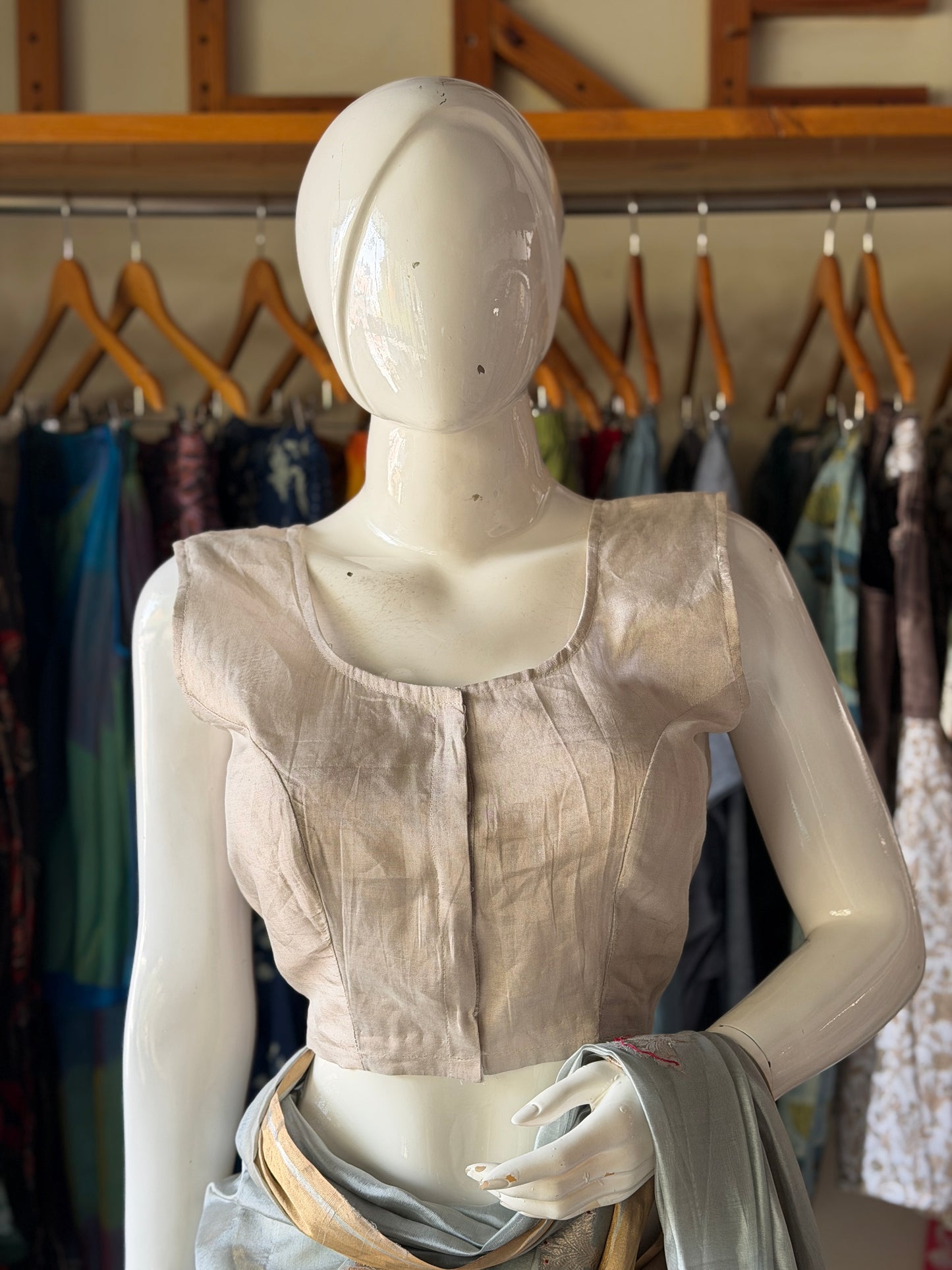 Sleeveless silver gold tissue silk Chanderi handloom blouse