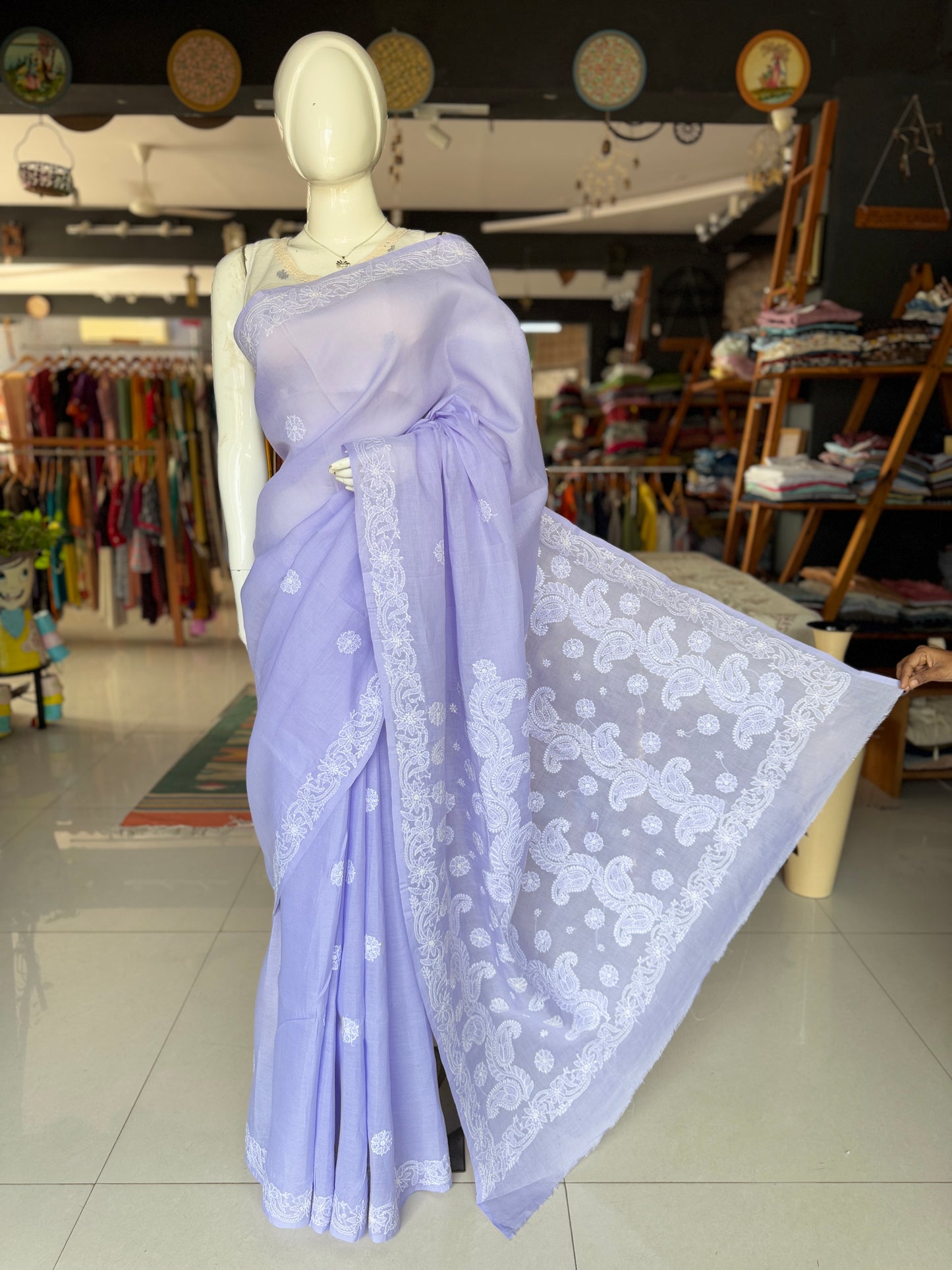 Lavendar classy hand embroidered chikankari cotton saree