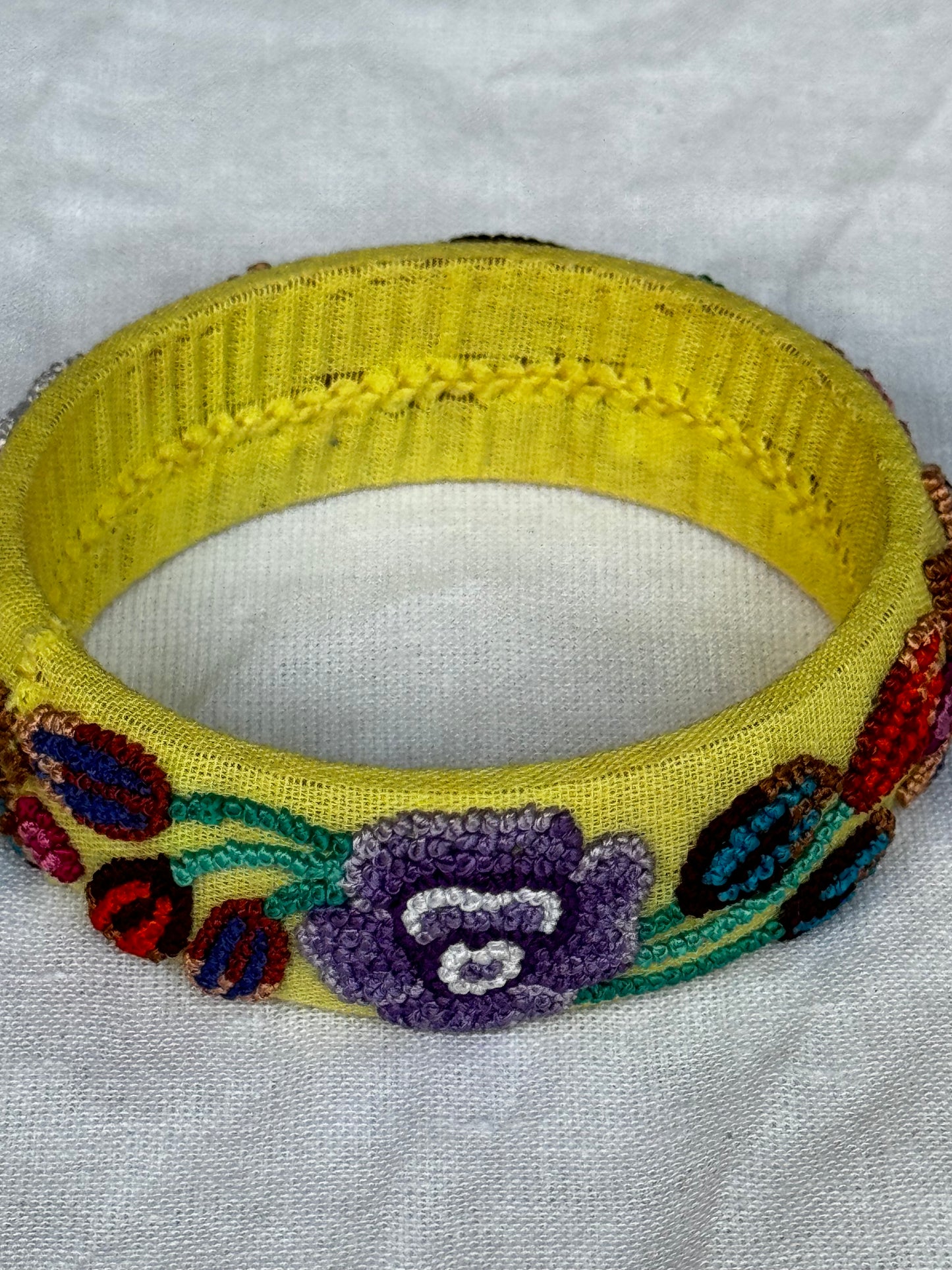 Yellow french knot floral hand embroidered bangle - single