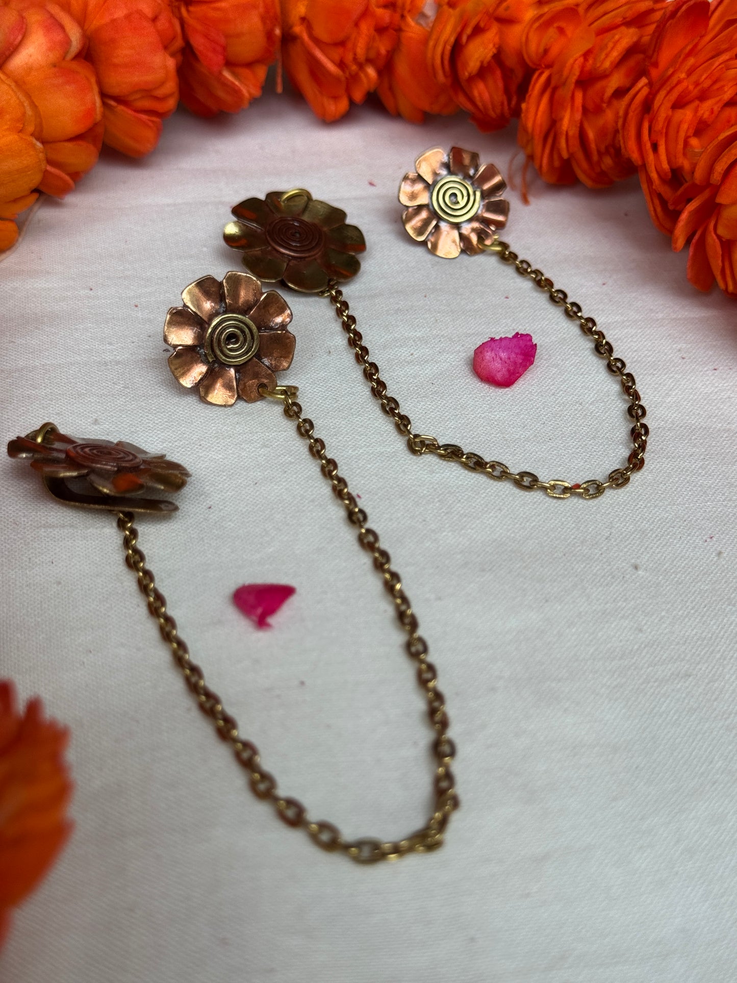Brass and copper flowers designer earrings plus ear clip on with connecting chain