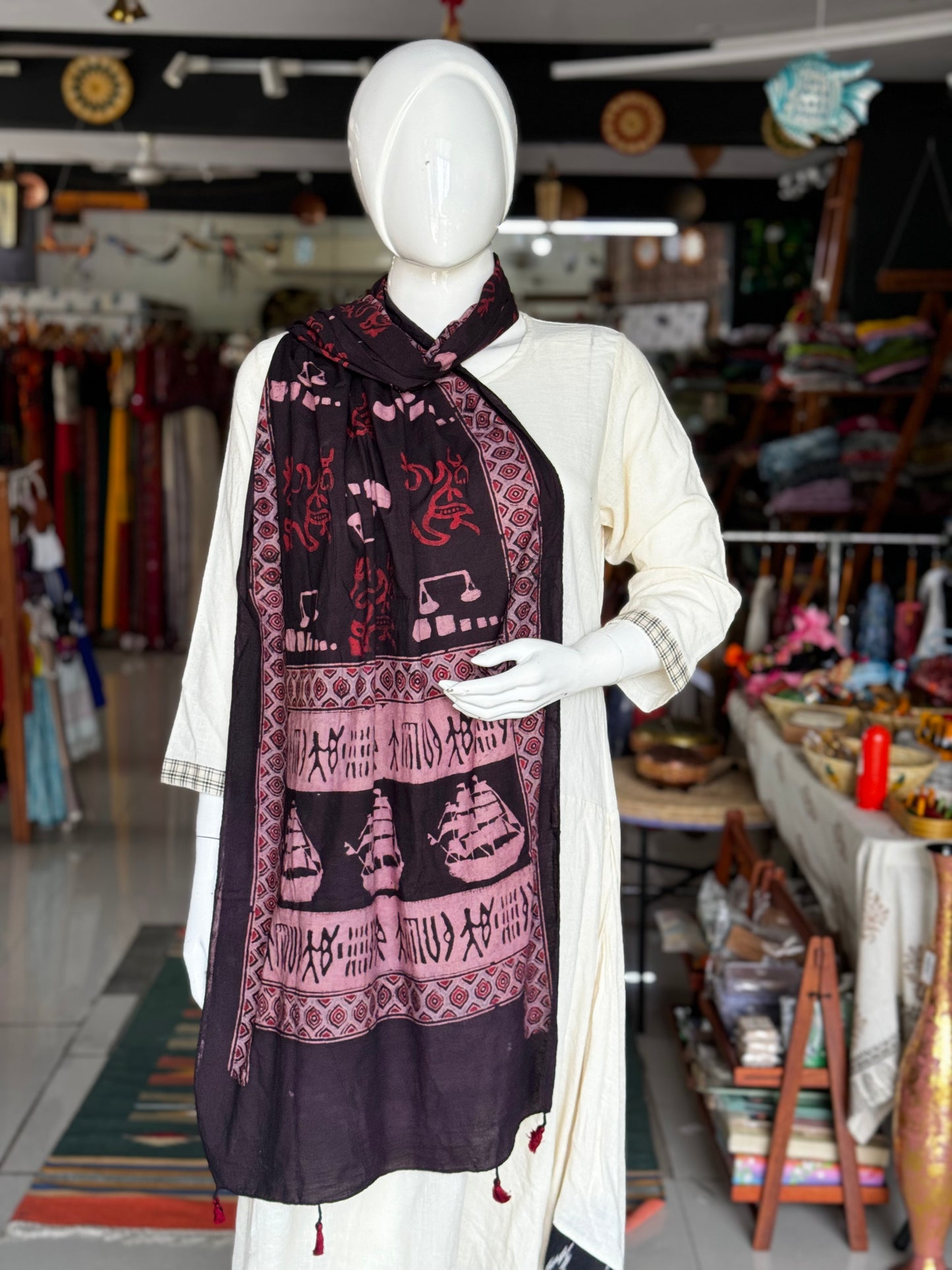 Museum on your shoulders - Black cotton stole with hand block Ajrakh prints - Harappan ships and weighing scale design