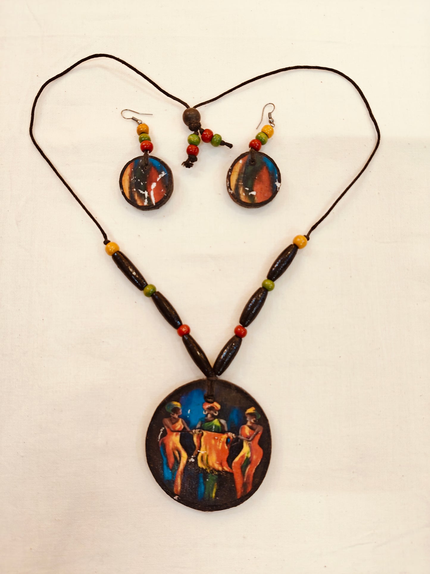 Hand painted 3 women design wooden neckpiece, earrings set