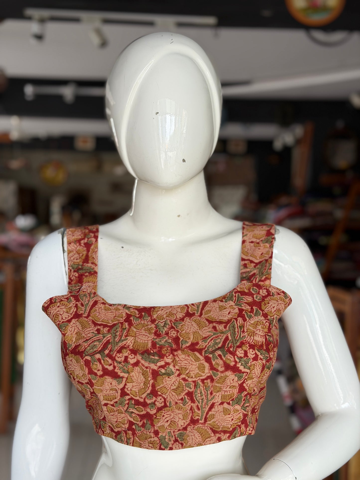 Red Kalamkari hand block printed floral cotton sleeveless blouse