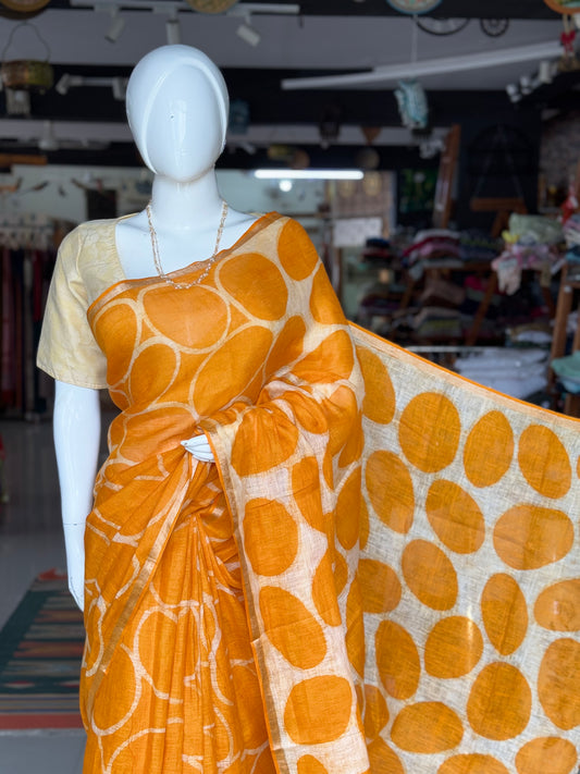 Orange circles design hand batik linen saree