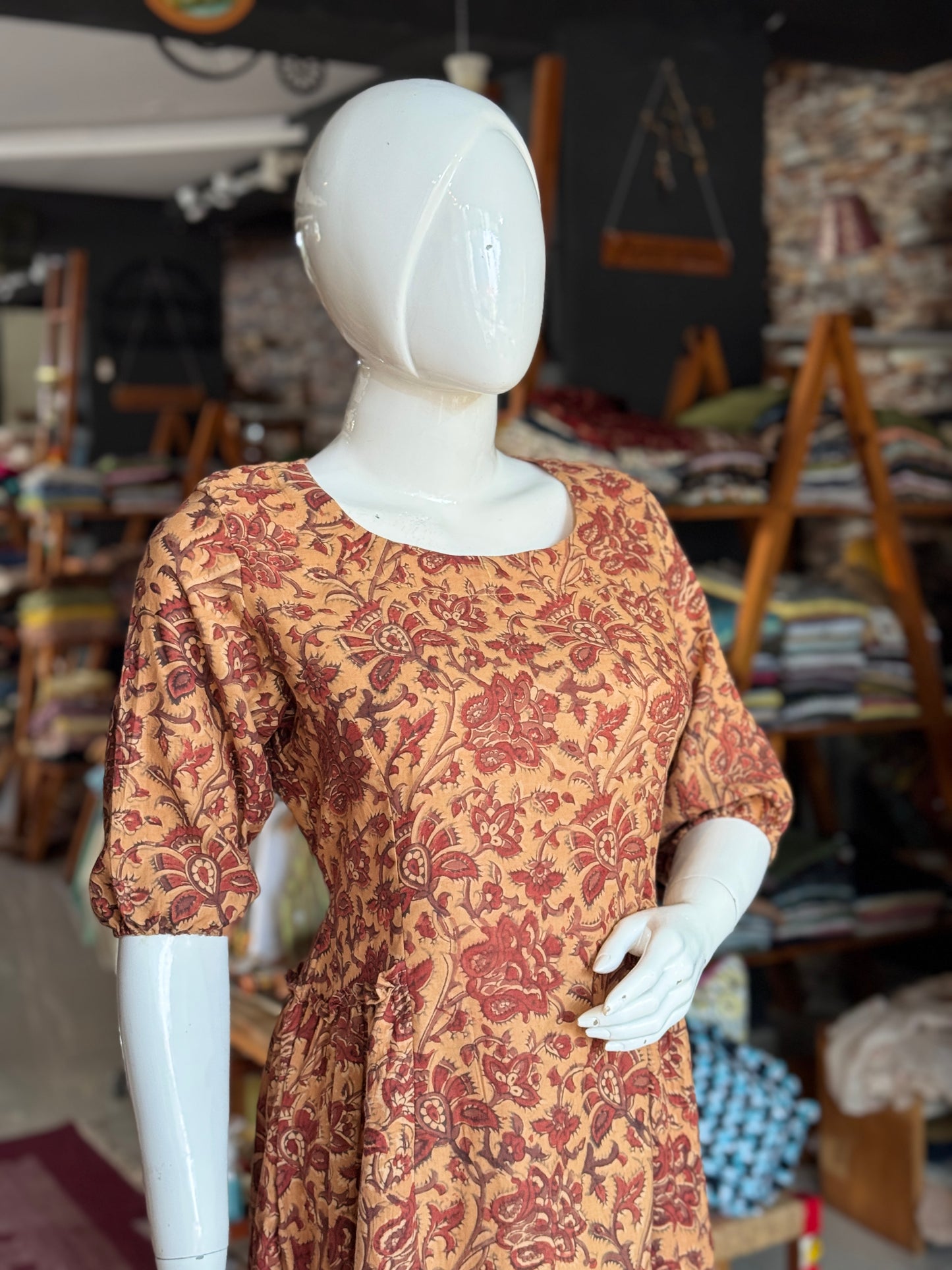 Sandal time Kalamkari handblock print soft n flowy cotton satin side multi tiers dress