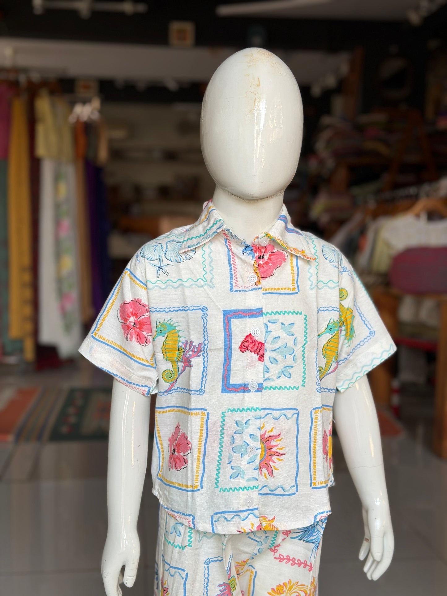 White Sea world, flowers, fruits print collared top pant coord set