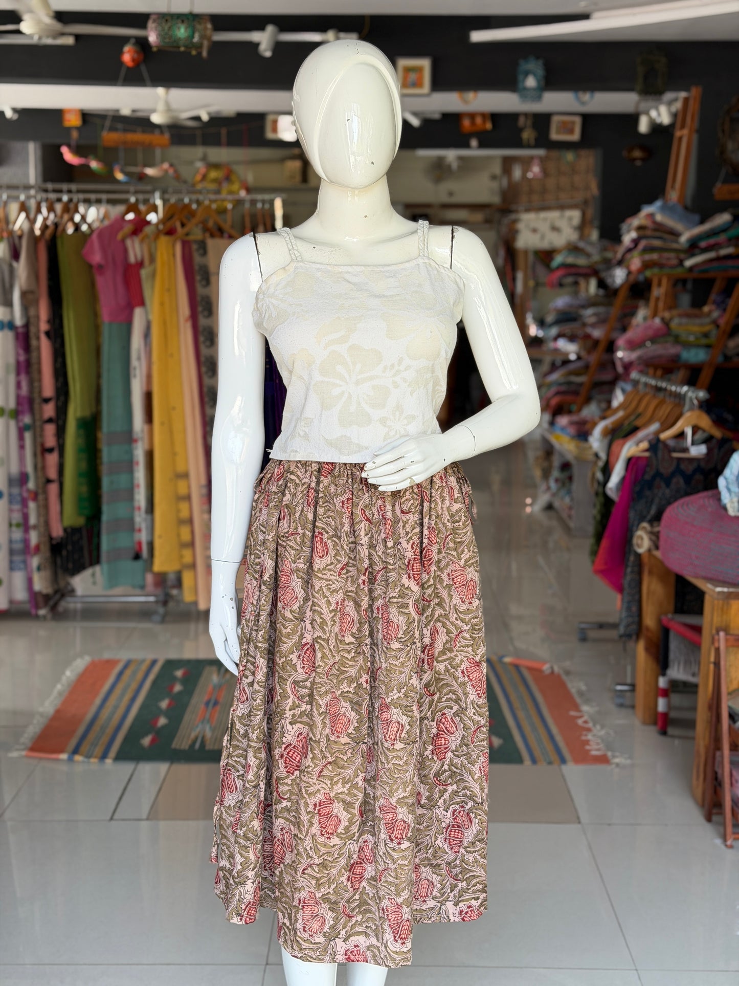 Olive green hand block printed silk cotton viral jalu skirt with pockets - free size with both sides draw string