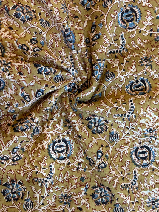 Olive green floral motifs hand block printed natural dyed Kalamkari cotton fabric - 63 inches wide panna