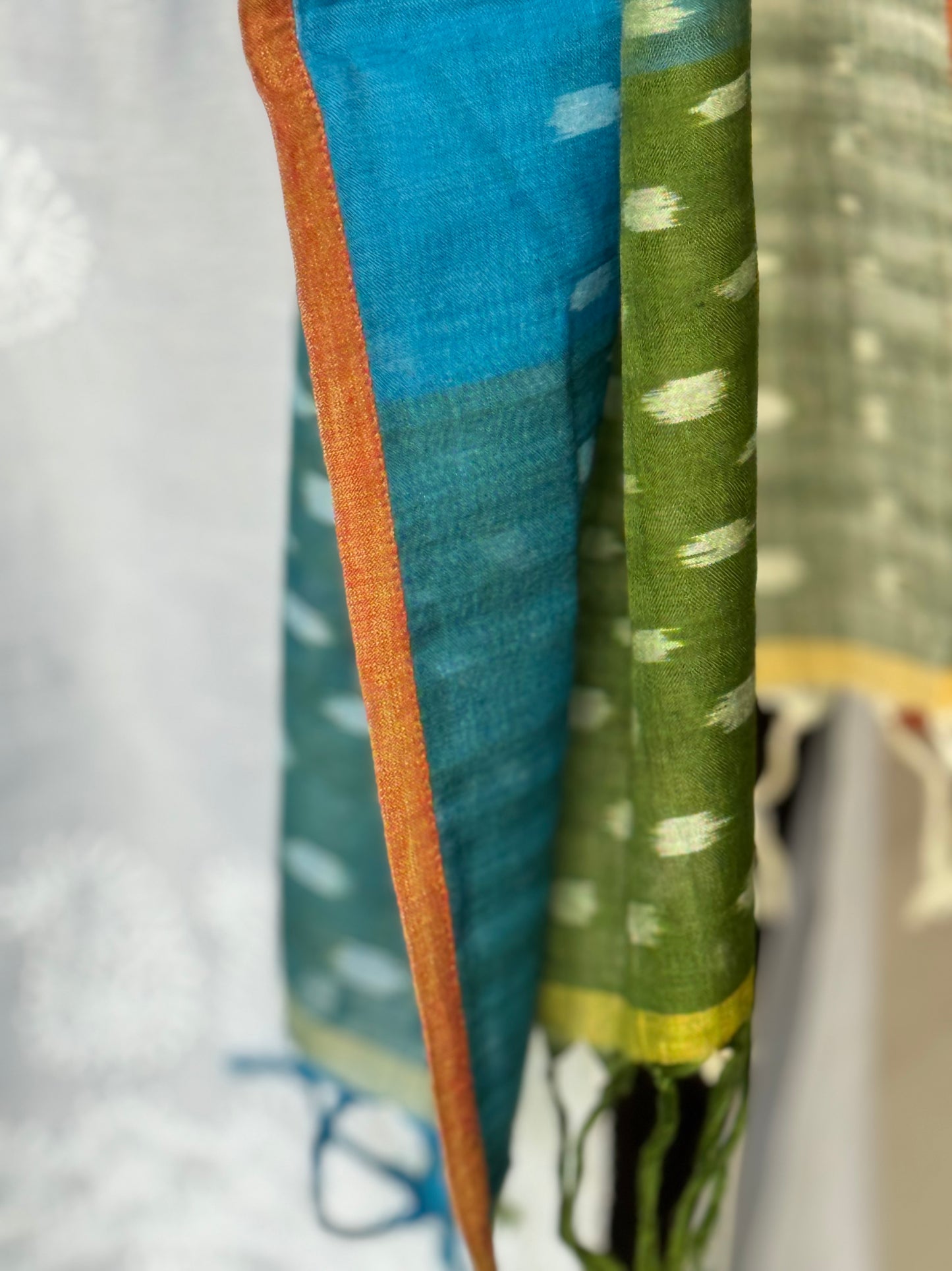 Blue green cotton handloom ikat stole with white dots