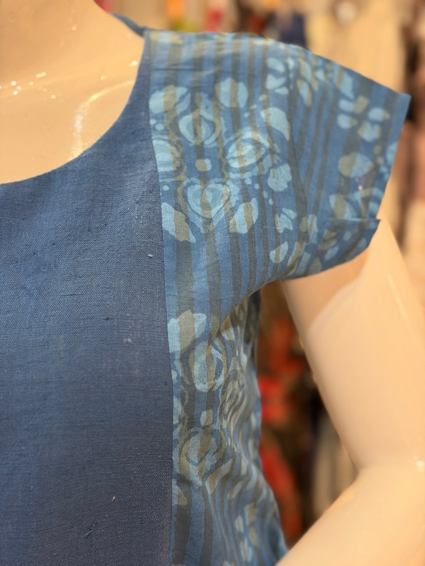 Kala cotton plain blue Handloom center panel top with blue floral hand block printed sides