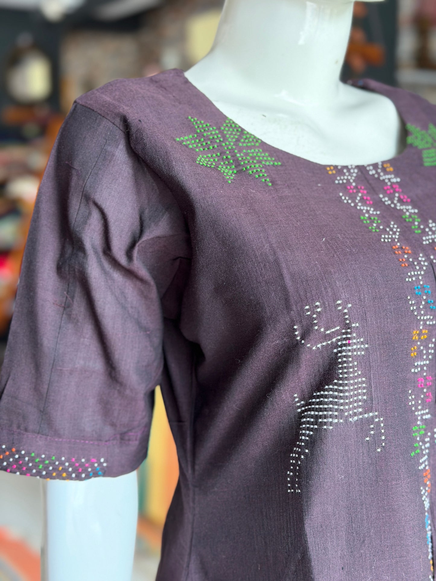 Brown Tangaliya handloom cotton top with deers n flowers motifs