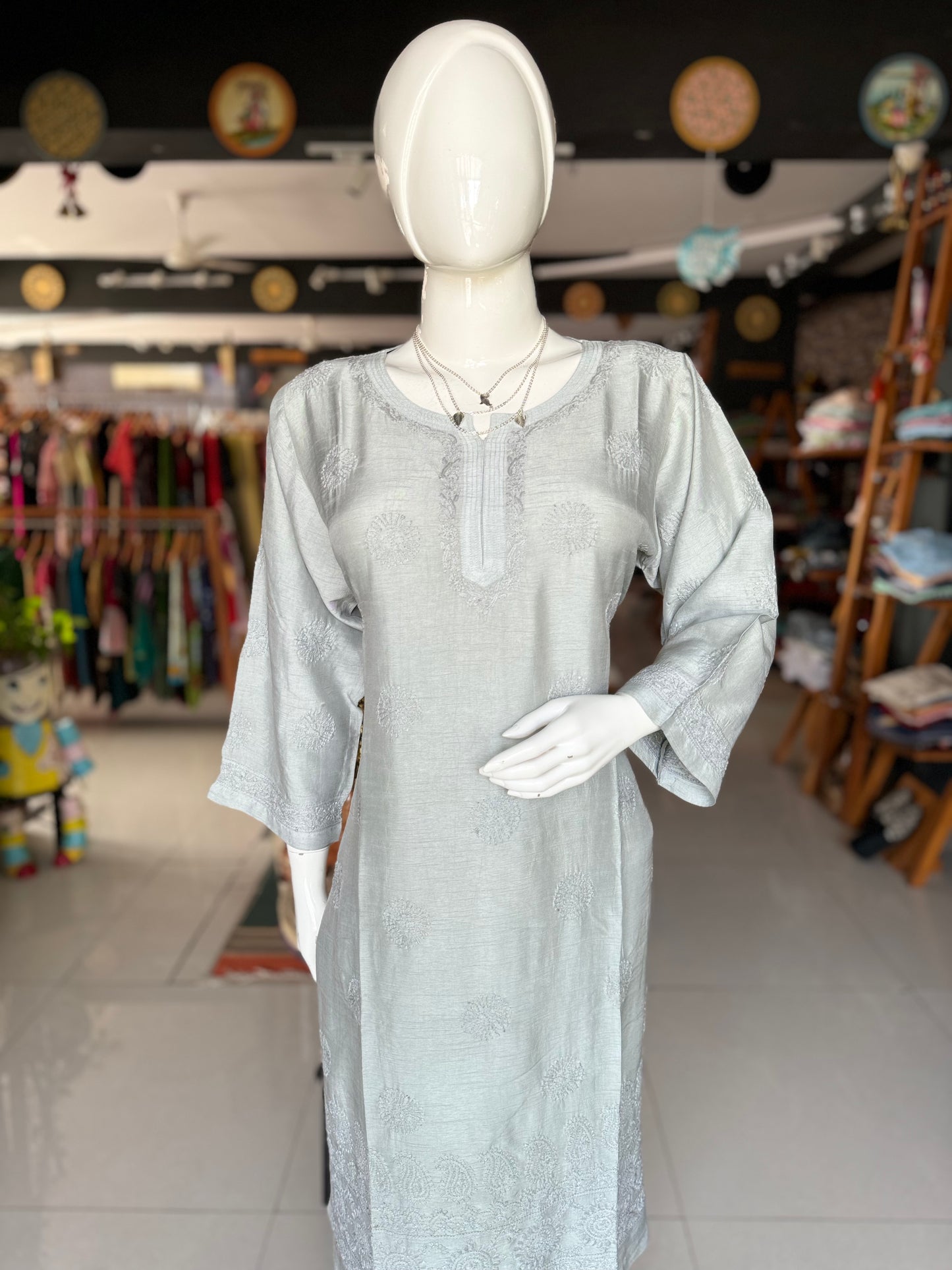 Grey chikankari hand embroidered straight cuts raw silk kurti