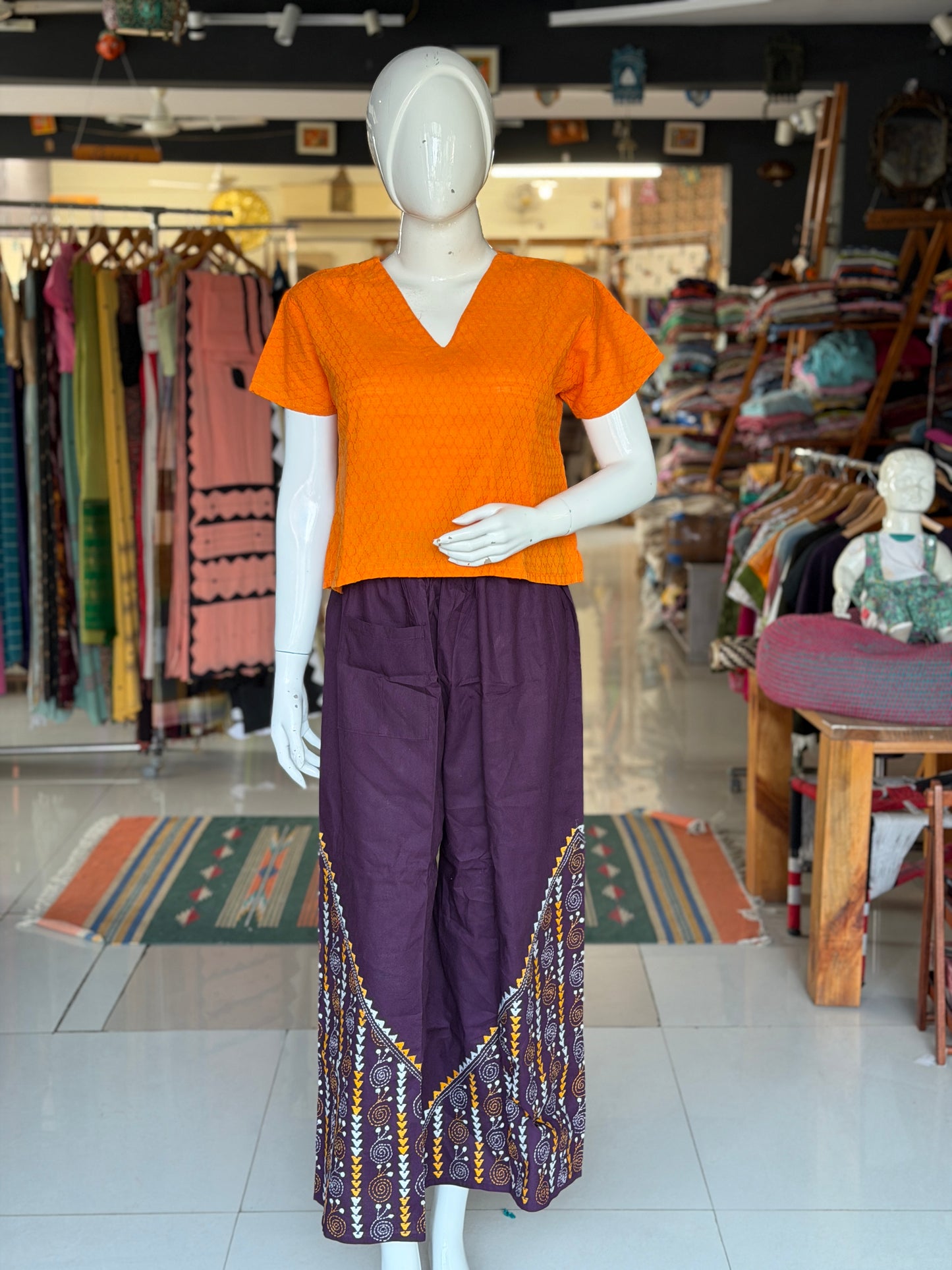 Kantha hand embroidered cotton poplin free size plazo with front pocket