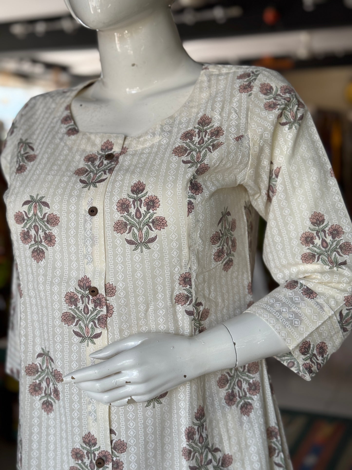 Off white floral cotton kurta and pants - coord set