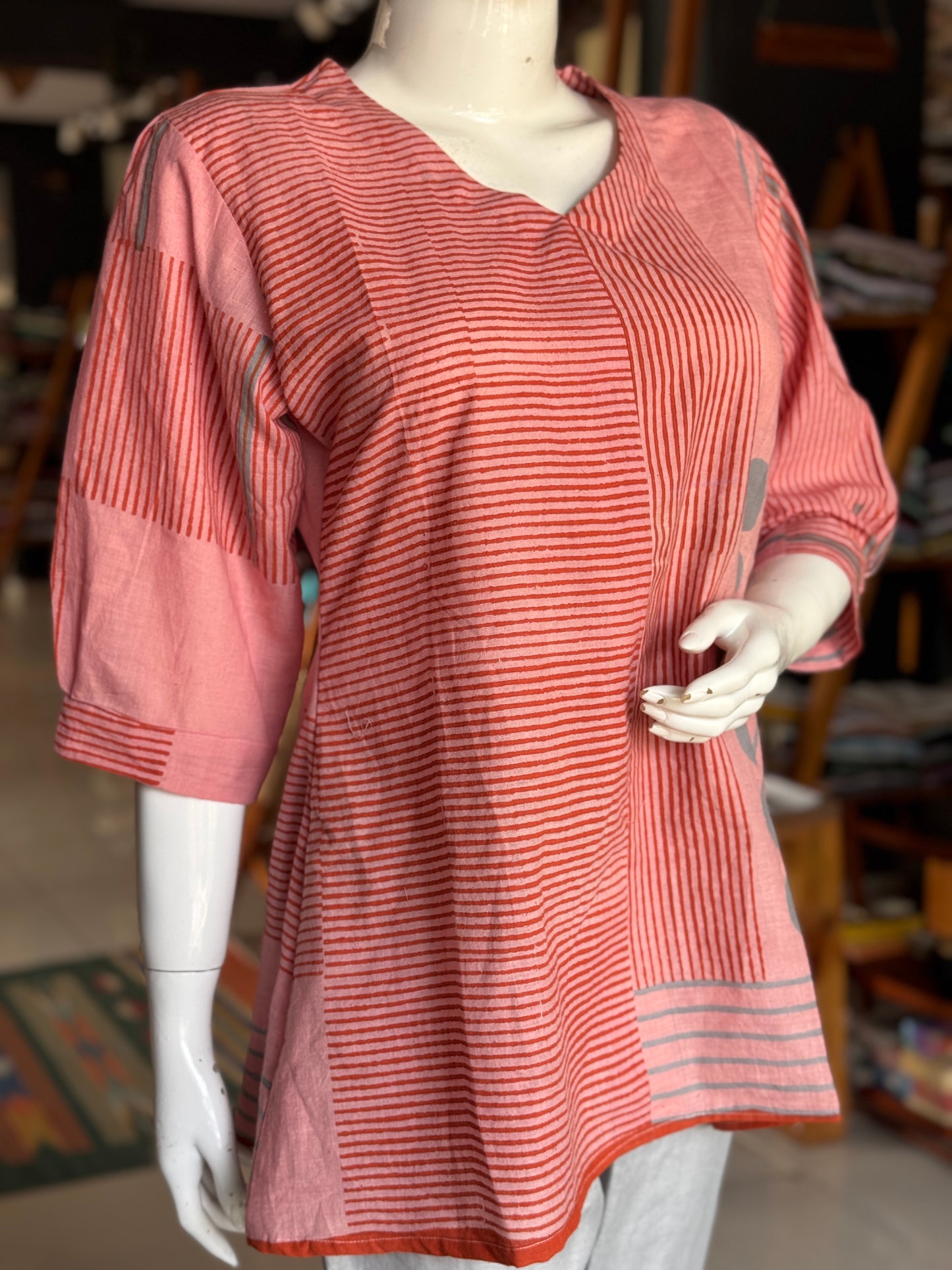 Pink and blue stripes a-line short kurti - hand spun, hand woven, hand block printed cotton