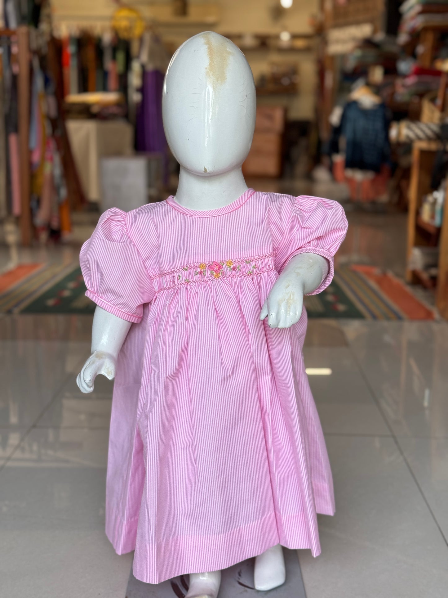 Pink stripes hand embroidered smocking cotton frock for girls