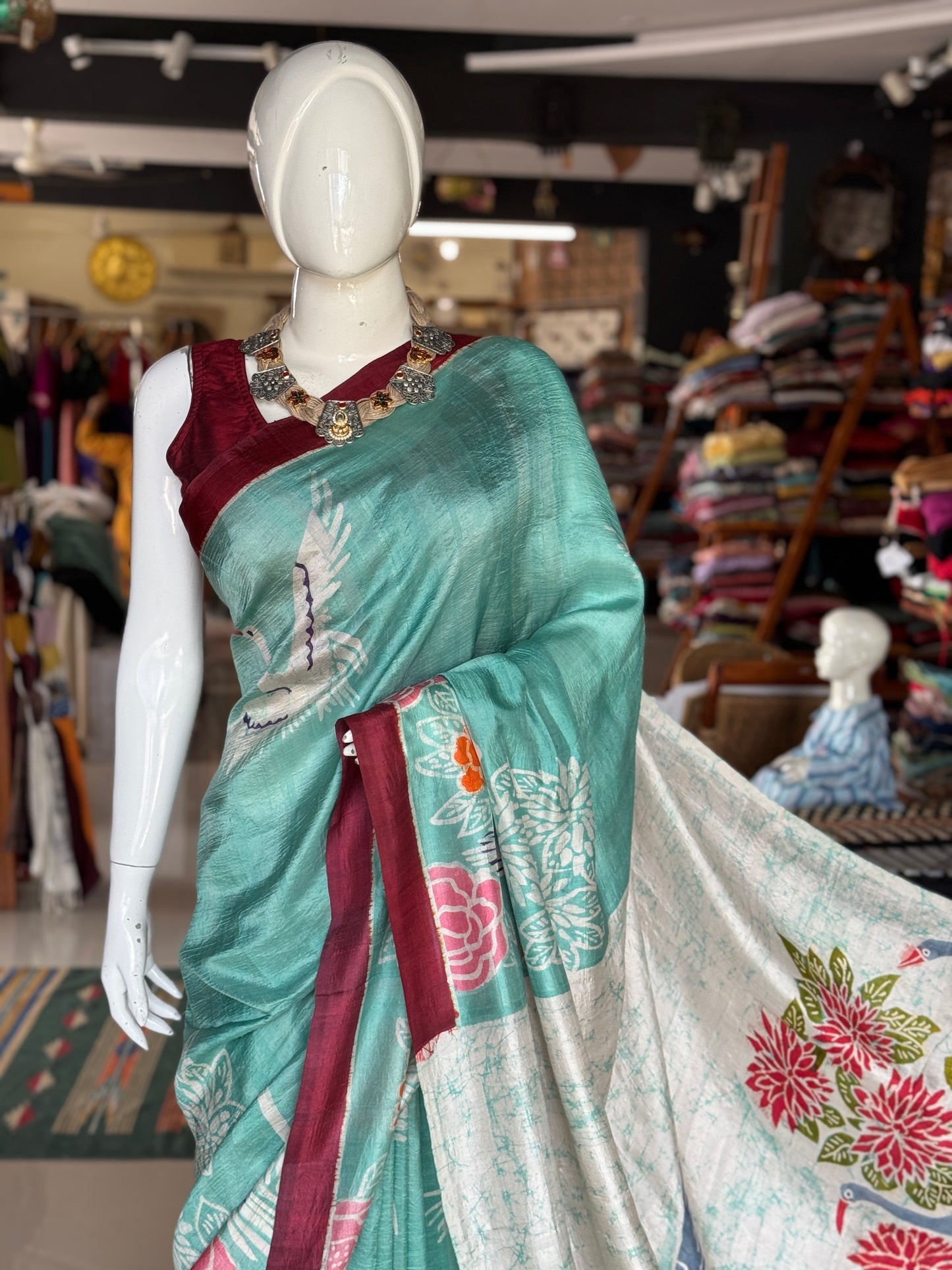 Sea green birds and flowers hand painted Batik pure soft katan silk saree