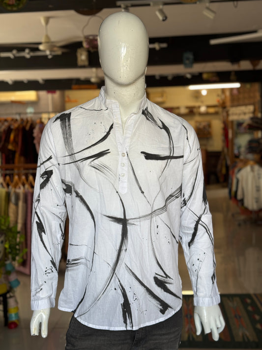 White with black slashes brush painted design full sleeves short kurta
