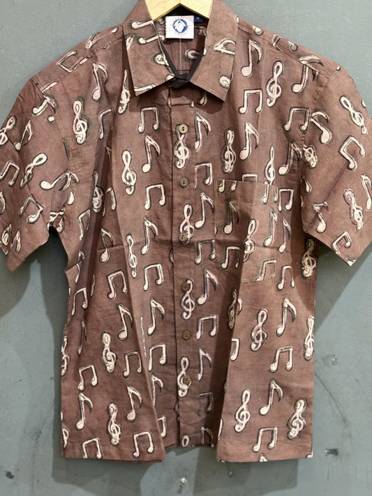 Light brown musical notes print half sleeves mens natural dye, hand block printed cotton shirt