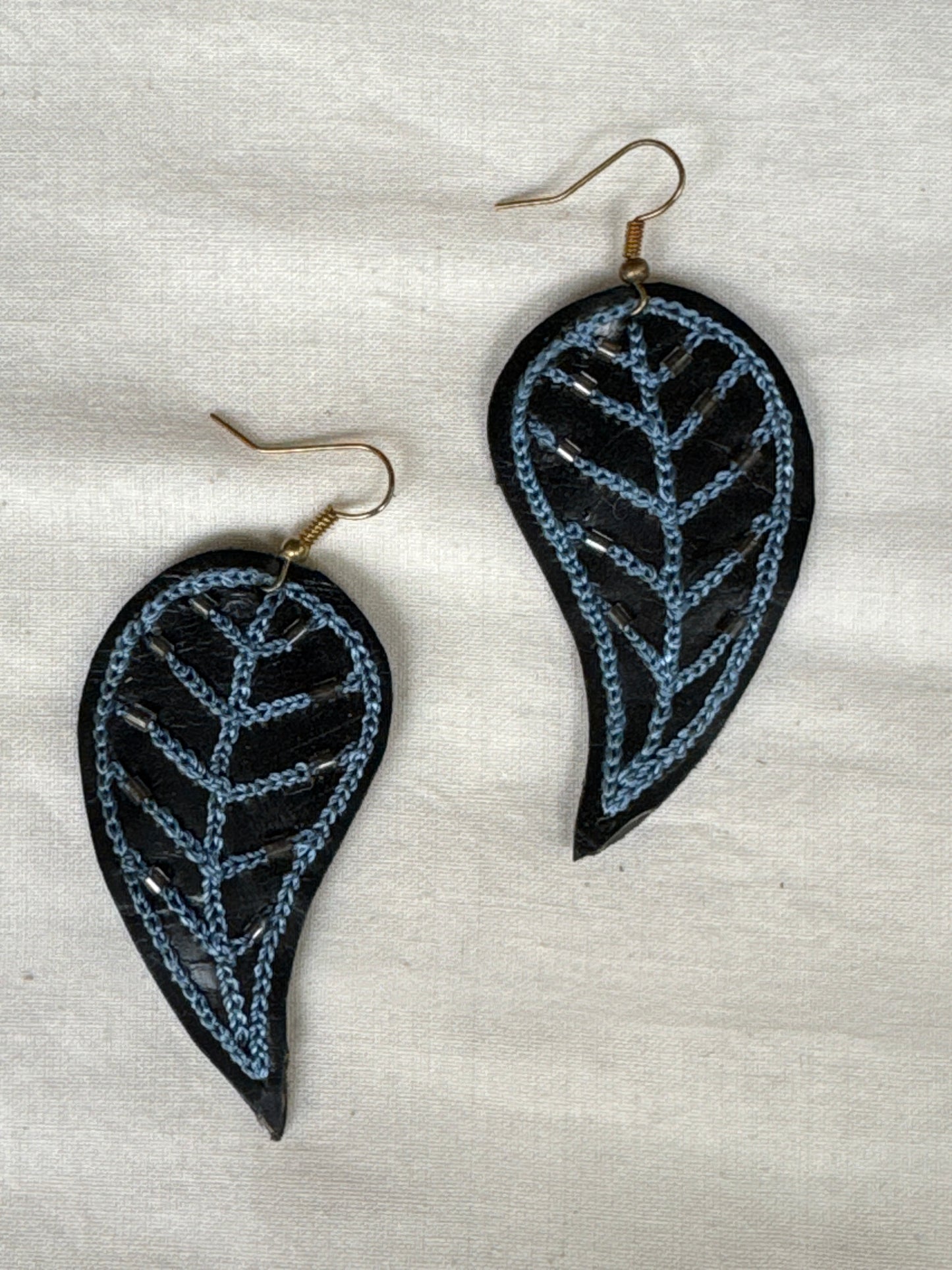 Leather with hand embroidery light weight earrings - shapes, designs and color choice available