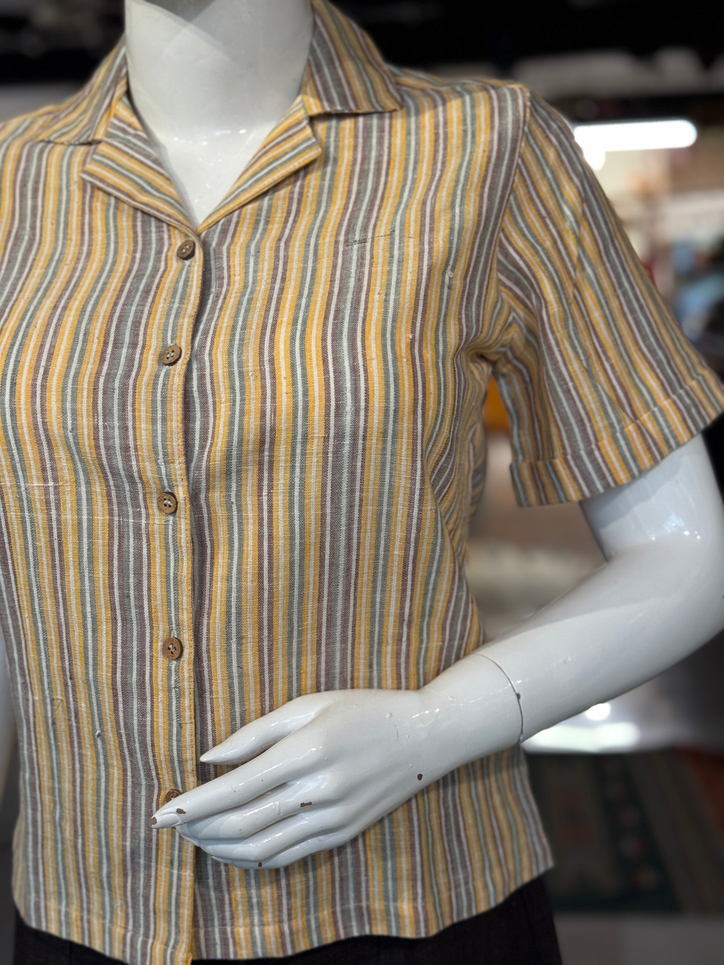 Yellow, green, purple stripes hand woven kala cotton shirt for women