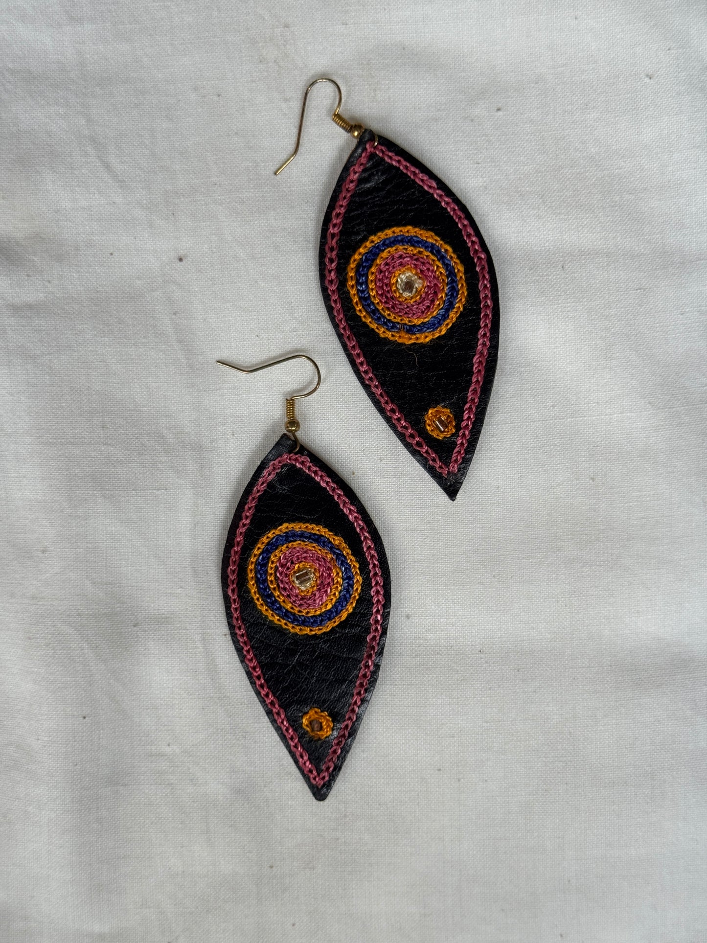 Leather with hand embroidery light weight earrings - shapes, designs and color choice available