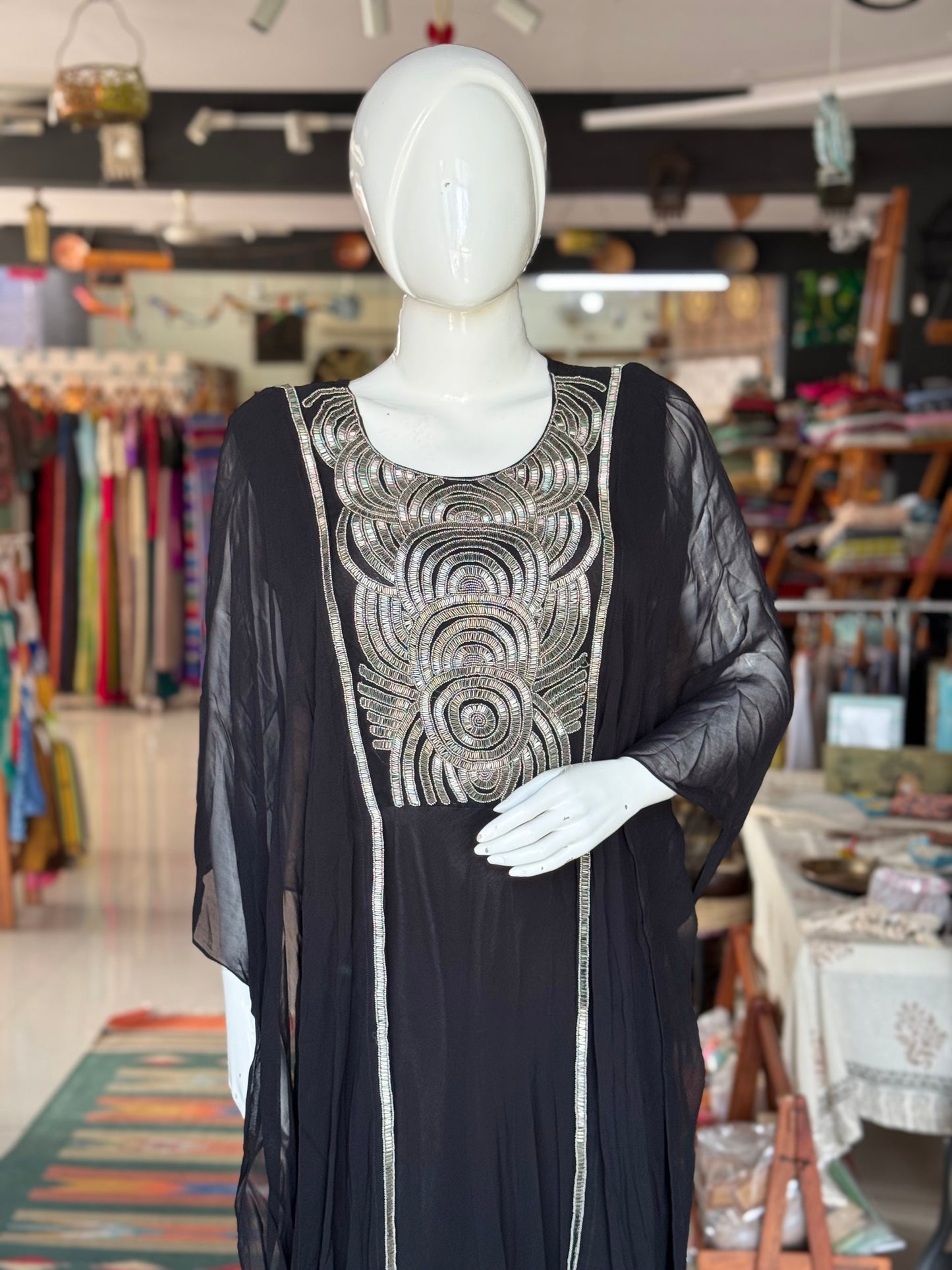 Georgette dress with attached drape and heavy front embroidery - party outfit