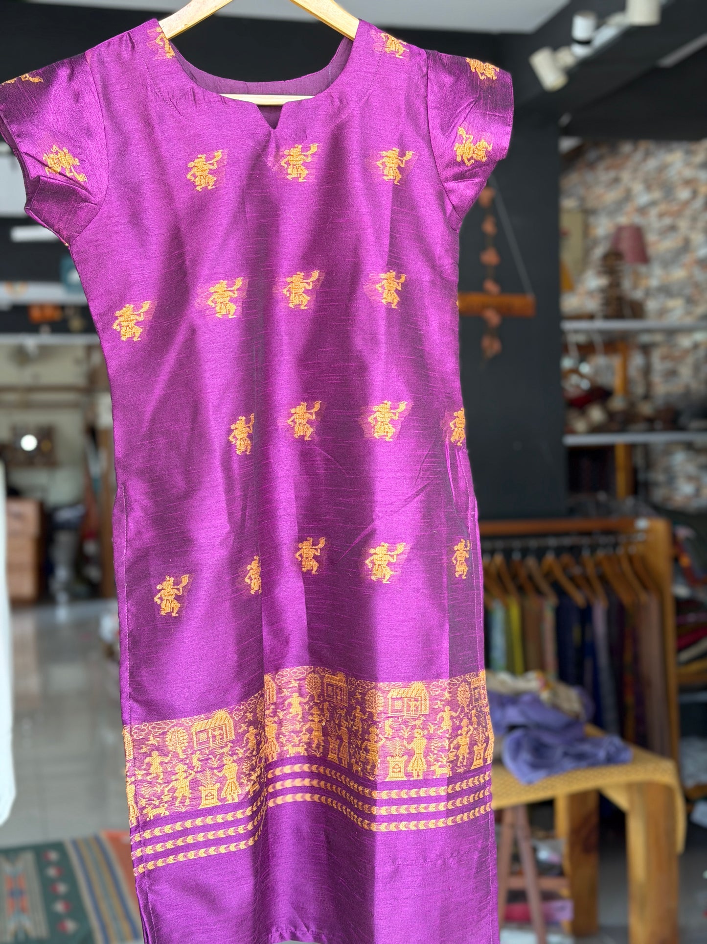 Purple hand woven raw silk kurti with tribal motifs for girls