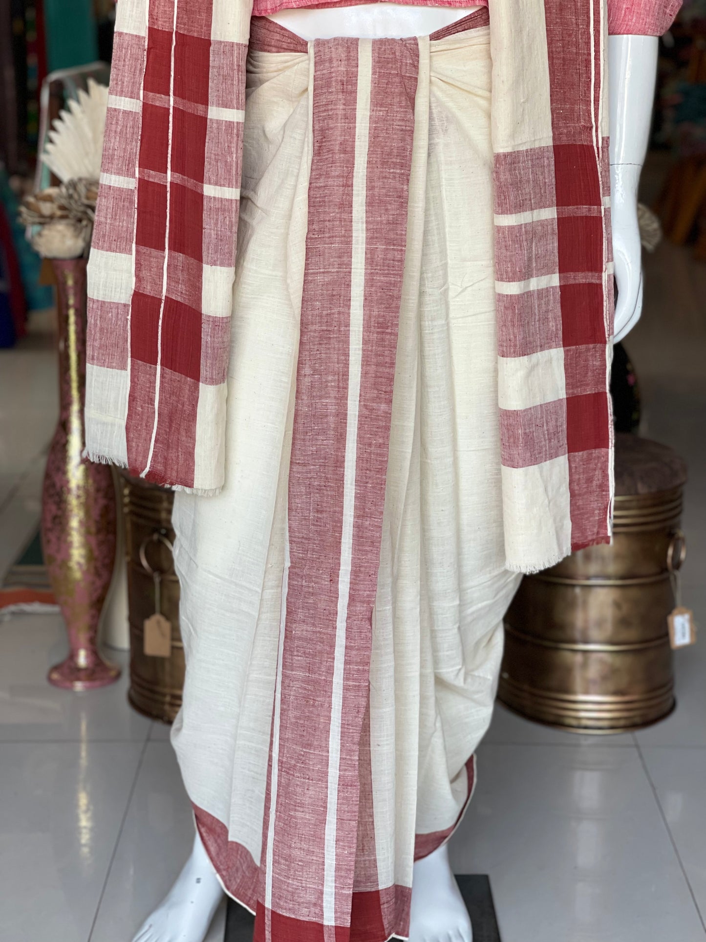 Offwhite hand spun, hand woven, natural dyed cotton pancha kanduva set (dhoti + angavastram)