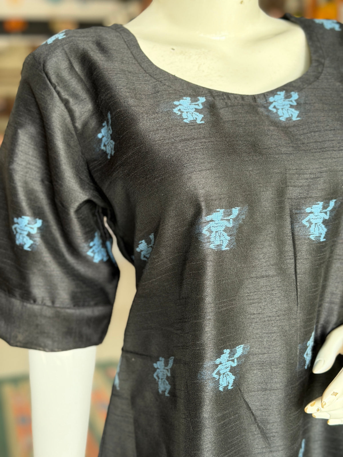 Black hand woven raw silk a-line kurti dress with blue tribal motifs
