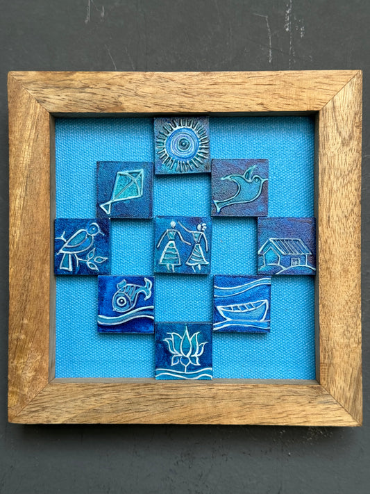 Blue 9 small adjustable magnetic square tiles - hand crafted wall decor with wooden frame