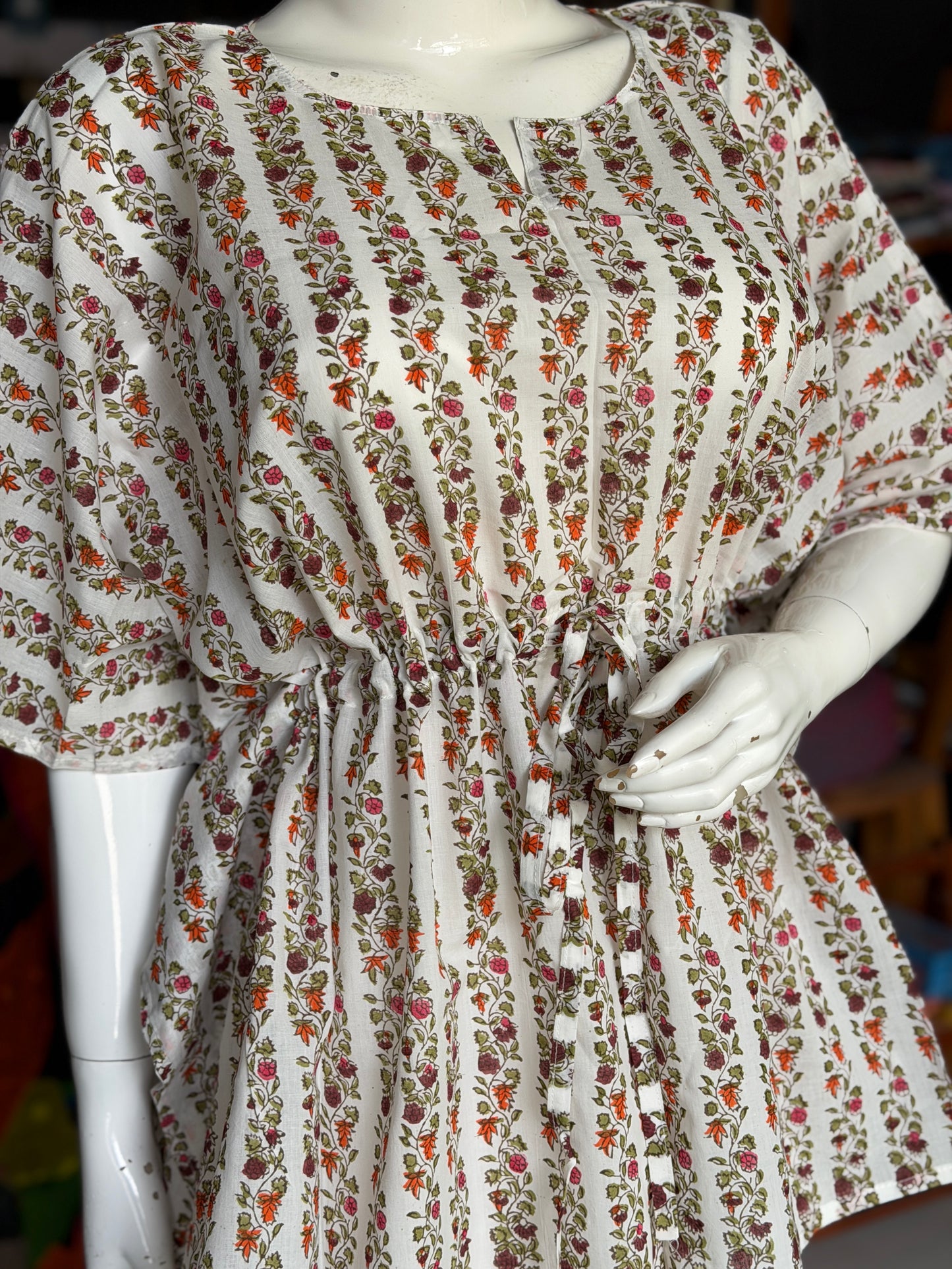 White floral stripes Kaftan top in cotton hand block prints and plain cotton pants - 2 piece set
