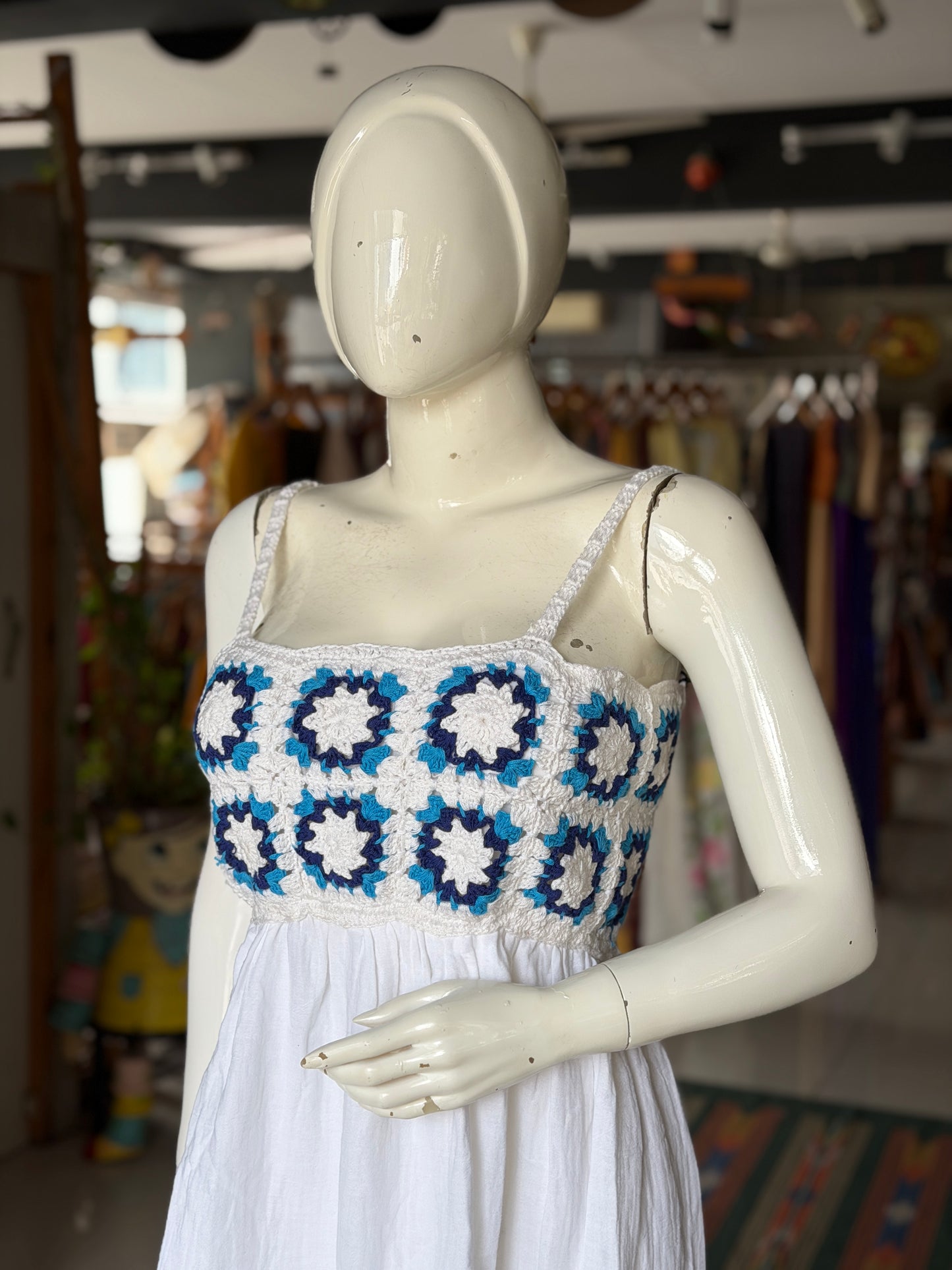 White crochet frock with granny squares yoke for teen girls / adults - adjustable back