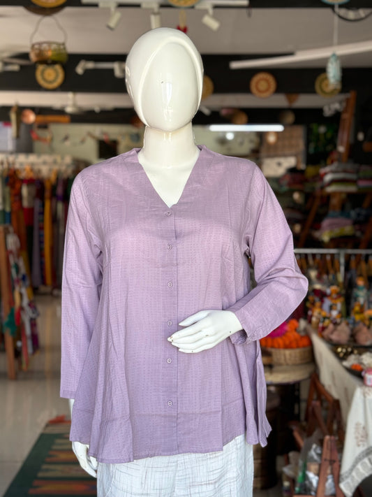 Lavender v-neck A-line cotton shirt - self design hand block printed