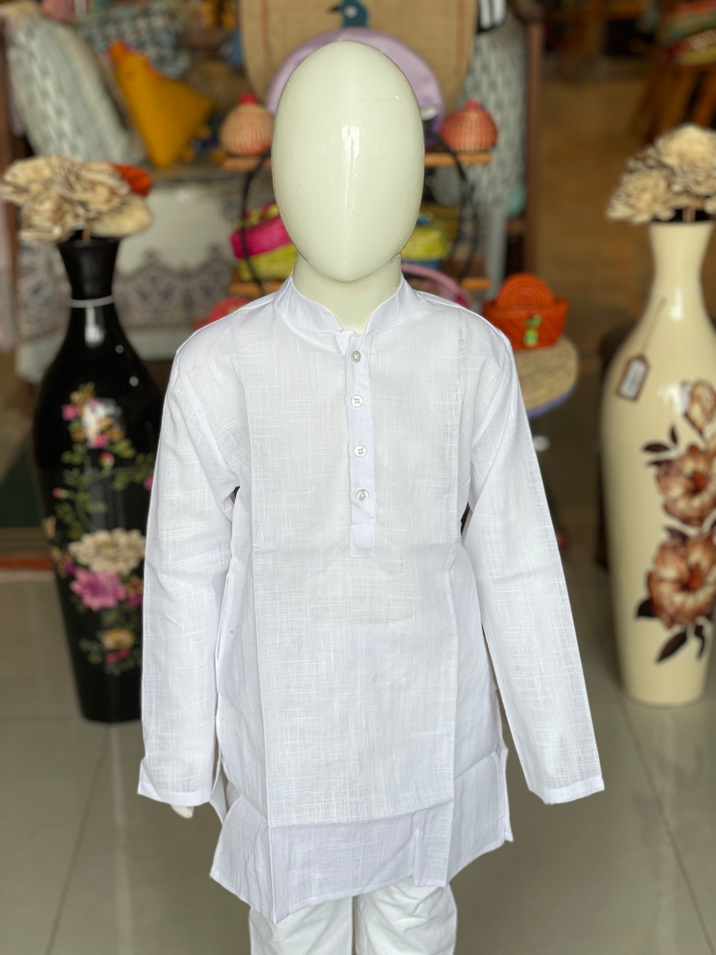 Plain white cotton full sleeves kurta for boys