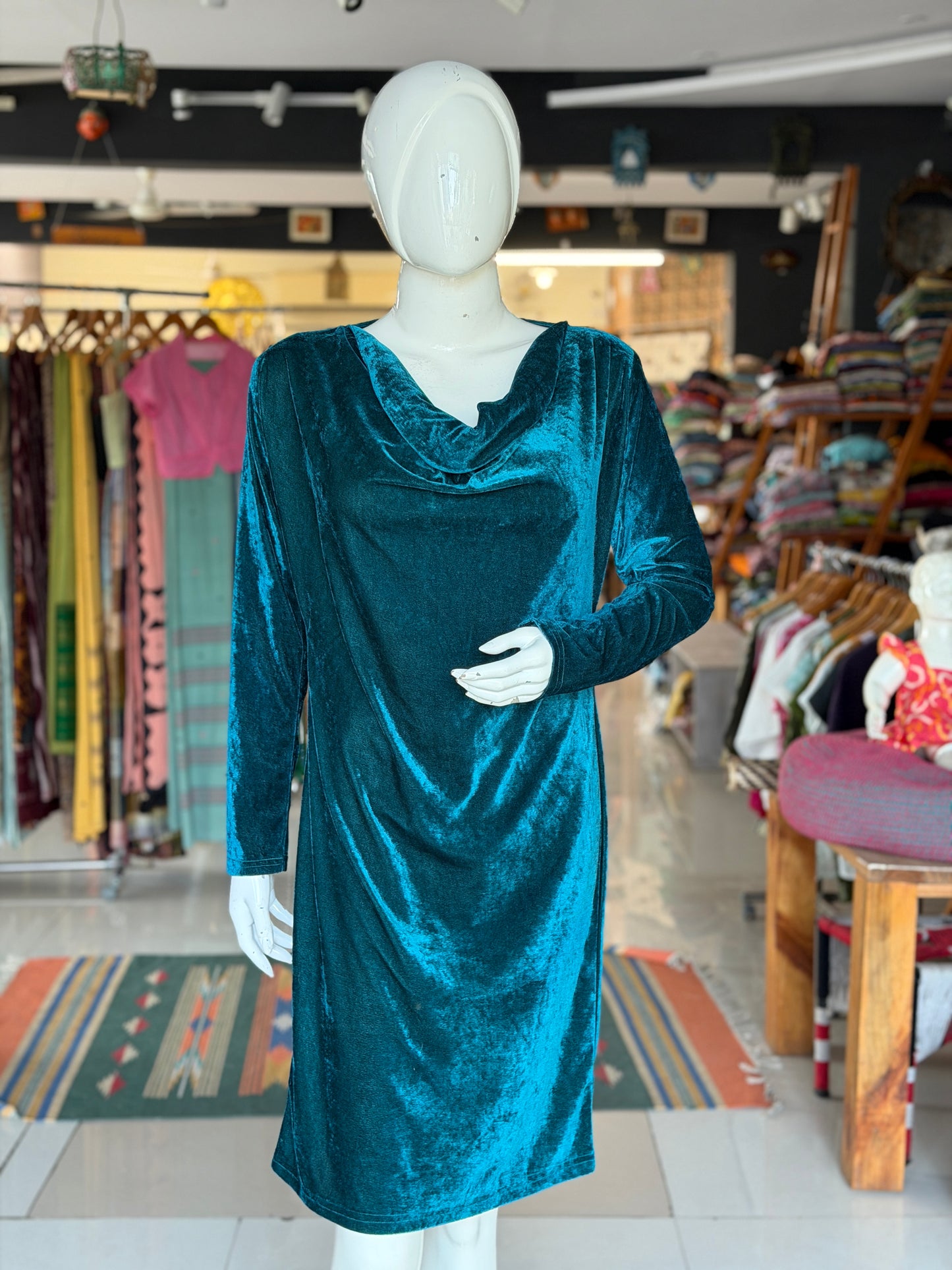 Green velvet cowl neck dress